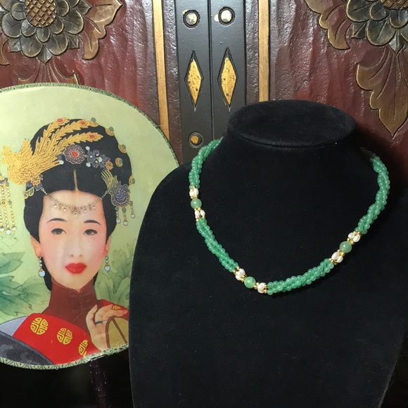 Semiprecious Stone Adventurine Pearl Gold Tone Accent Bead  Necklace 18”L EVC - Picture 1 of 7